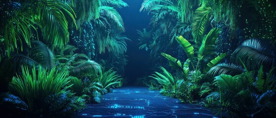Obraz premium Lush tropical rainforest path at night, glowing blue water.