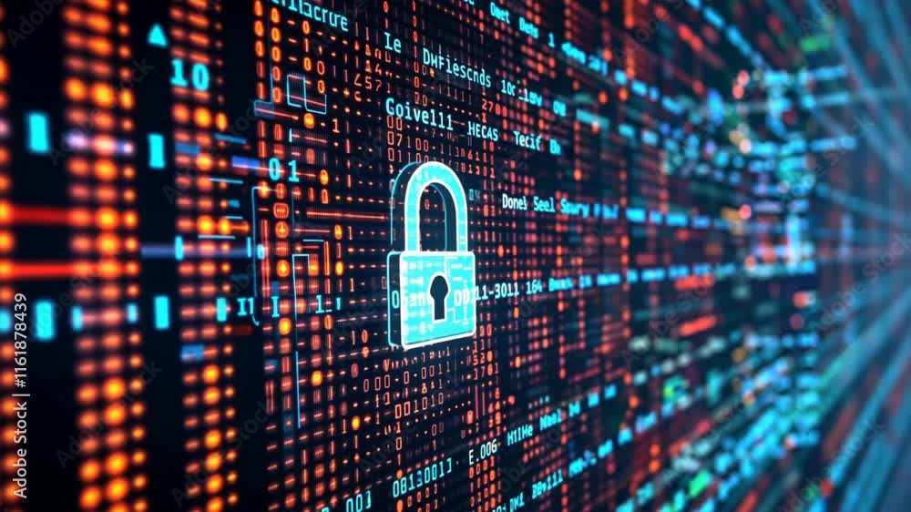 Poster digital lock symbol vibrant matrix of data protection and cybersecurity technology for secure inform