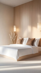 Modern minimalist bedroom with natural light and neutral tones showcasing comfort