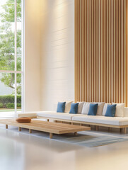 Modern interior design featuring a light and airy living room with natural elements