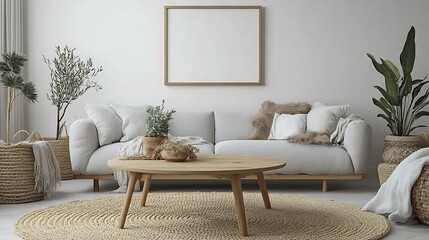 Minimalist living room interior design with light beige sofa, wooden coffee table, plants, and jute rug.