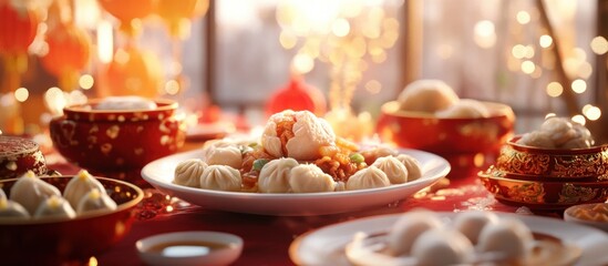 Naklejka premium Delicious dumplings on a festive table setting.