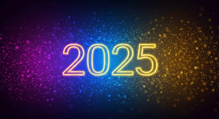 Neon 2025: A vibrant and futuristic neon sign illuminates the year 2025, set against a backdrop of shimmering, colorful particles, symbolizing optimism, hope, and anticipation for the future.