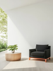 Modern living room arrangement with a stylish chair and wooden table in natural light