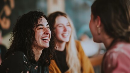 Obraz premium A candid shot of a few women sitting together, sharing soft laughter while feeling bashful.
