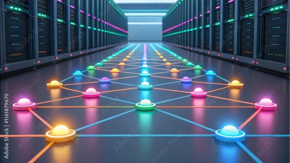Poster futuristic data center with colorful nodes and glowing connections.