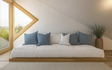 Cozy living space featuring a minimalist design and natural light in an attic setting