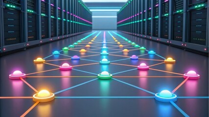Futuristic data center with colorful nodes and glowing connections.