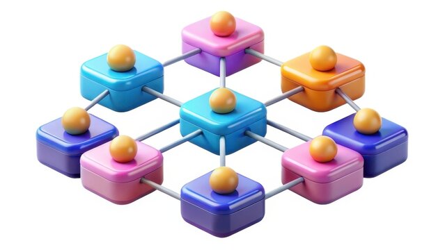 Colorful geometric shapes connected by lines in a network layout.