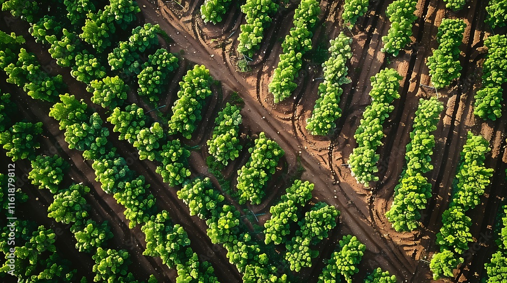 Poster high-angle view of a neatly organized orchard with vibrant green trees in rows.