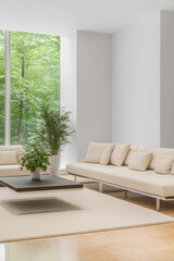 Modern living room with large windows light furniture and greenery in a contemporary setting