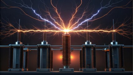 High-voltage electricity arcs from a transformer in a dark environment.