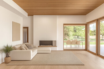 Modern living room with natural light and minimalist design featuring a large window