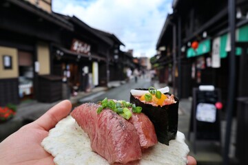 Japanese cuisine: Hidagyu beef nigirizushi in Takayama, Japan
