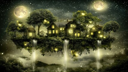 Fototapeta premium Magical floating island village at night with waterfalls, glowing lights, and moons.