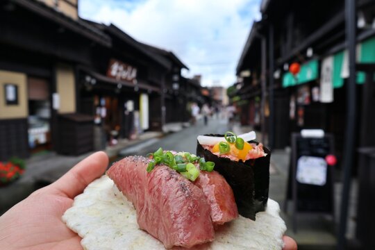 Japanese cuisine: Hidagyu beef nigirizushi in Takayama, Japan