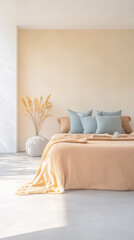 Cozy modern bedroom with soft tones and minimalist decor in bright natural light