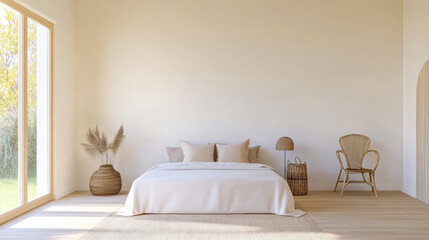 Minimalist bedroom design featuring natural elements and soft tones in a spacious setting