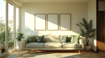 Sunlit living room with beige sofa, three frames, plants, and balcony view.