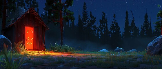 dark cottage in spooky woods