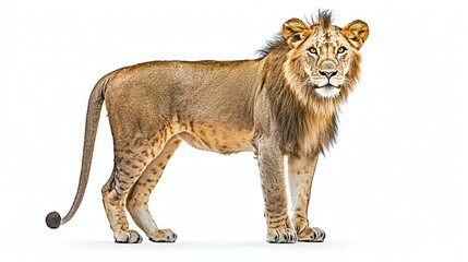 Majestic male lion standing, isolated on white background.