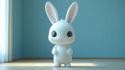A white rabbit is standing in front of a blue wall