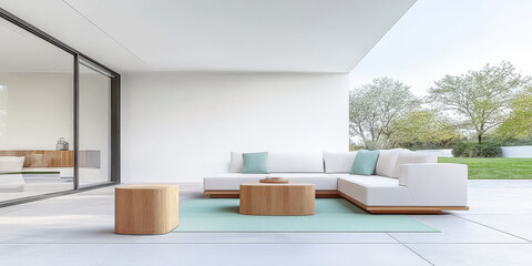 Modern outdoor living area with minimalist furniture and serene garden view