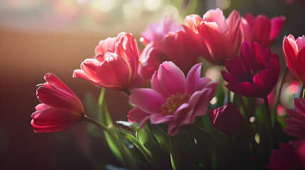 Close-up of pink and red flowers in sunlight with soft focus background showing nature and beauty in spring