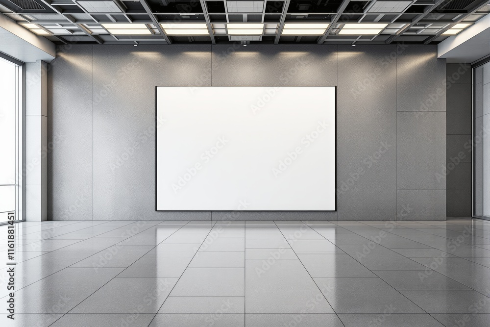 Poster blank rectangular poster on a gray wall in a modern interior with reflective tiled floor and open ce