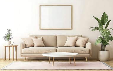 Beige sofa with pillows, wooden legs, white coffee table, pink rug, potted plant, and framed picture in a minimalist living room.