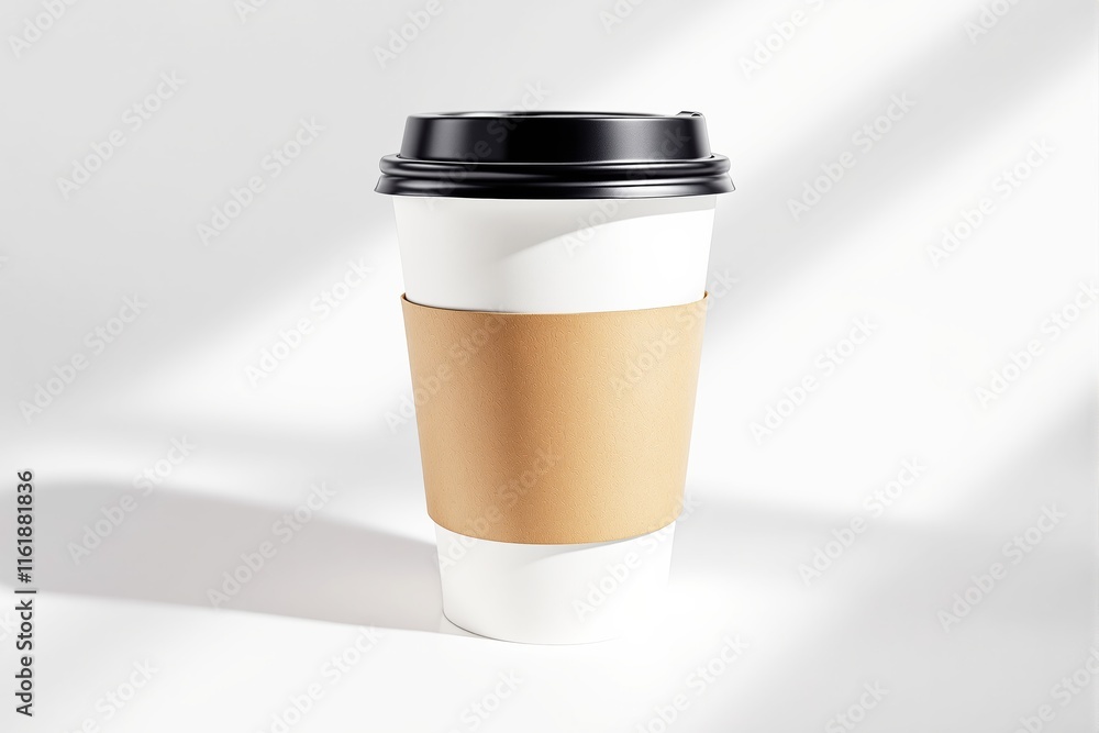 Poster disposable coffee cup with a blank brown sleeve andlid, placed on a light background with soft shado