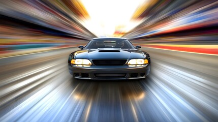 Obraz premium Red sports car racing at high speed on a drag strip, showcasing the thrill of competition and the pursuit of performance excellence