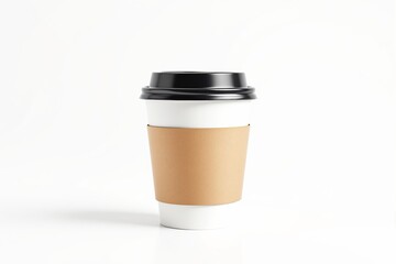 Disposable coffee cup with kraft sleeve andlid on minimal white background. Perfect for branding mockups or design templates. Ai generative