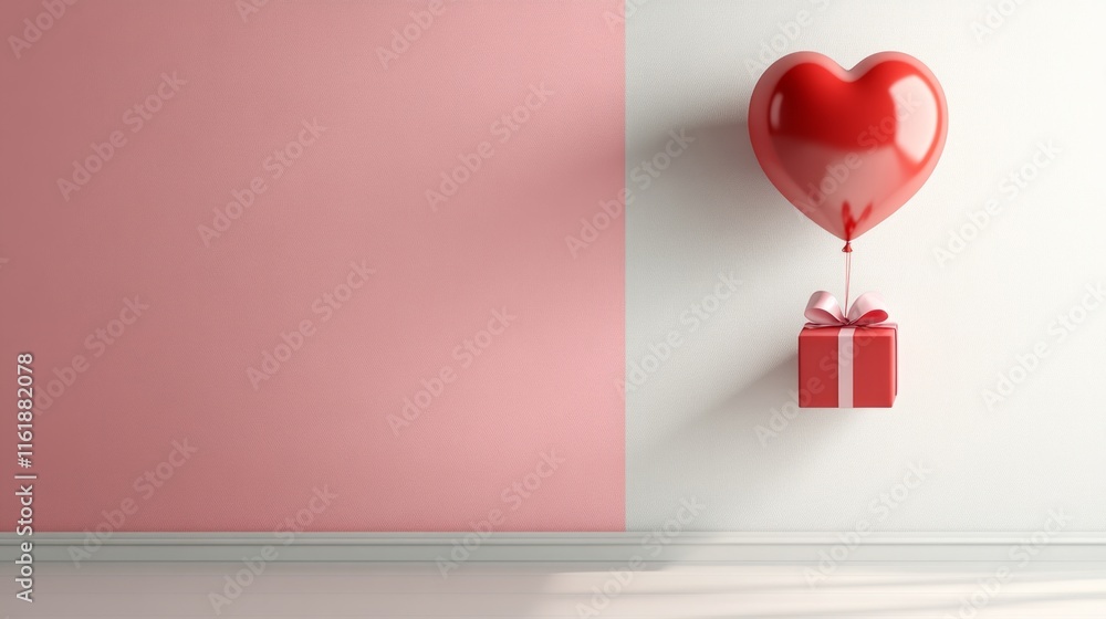 Poster a red heart is floating above a red box