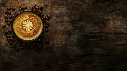 A flat lay of a cappuccino, latte art forming a delicate flower pattern, cup placed on a rustic wooden table with scattered coffee beans. Warm