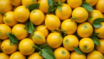 Top-View Yellow Lemons Pattern with Leaves - Fresh and Organic Lemon Background.