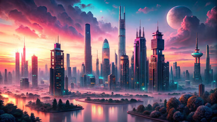 Obraz premium vibrant futuristic city skyline at sunset, reflecting on water