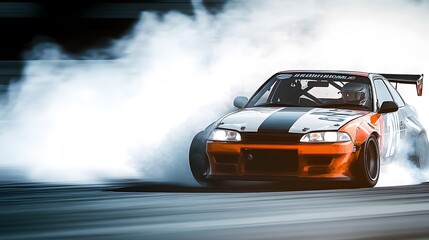 Naklejka premium Car drifting, Blurred of image diffusion race drift car with lots of smoke from burning tires on speed track