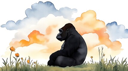 Contemplative Gorilla Watercolor Illustration: Sunset in the African Savanna AI Generated