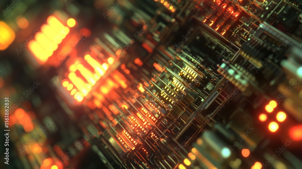 Poster a close up of a computer chip with many small lights
