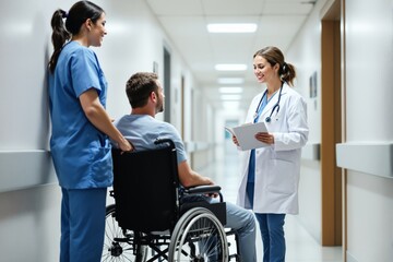 Medical staff interacting with a wheelchair patient in a hospital hallway, discussing medical records, professional atmosphere, healthcare concept. Ai generative