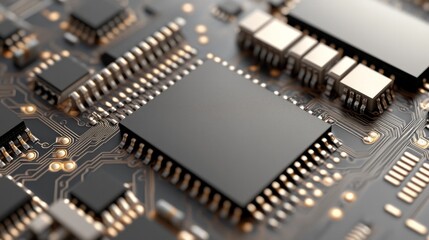 A black computer chip with gold colored lines