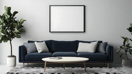 Modern living room interior with navy sofa, coffee table, plants, and blank frame on wall.