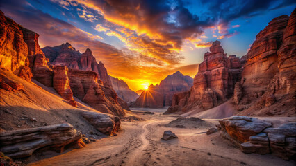 Breathtaking sunset over sun drenched desert canyon with dramatic cliffs