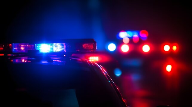 Police car chasing a car at night with fog background. 911 Emergency response police car speeding to scene of crime. Selective focus