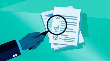 A hand holding a magnifying glass over papers