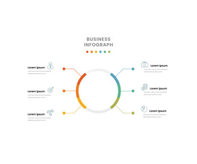 Simple infographic schema diagram template with center content and six smaller elements around. Six sections infograph template made by thick lines