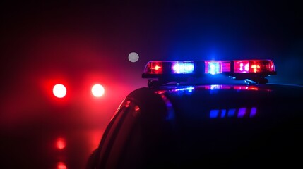 Police car chasing a car at night with fog background. 911 Emergency response police car speeding to scene of crime. Selective focus