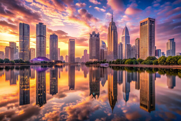 Obraz premium stunning cityscape at twilight, reflecting vibrant colors on water