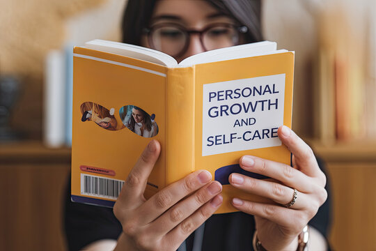 Young adult reading a self-help book, representing personal growth and self-care